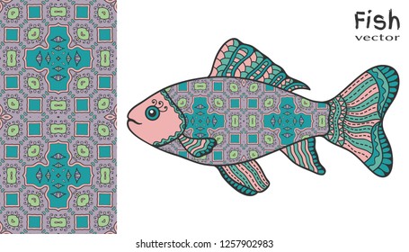 Hand drawn stylized sea fish and colorful doodle seamless pattern. Cartoon animal collection. Isolated elements for textile fabric, paper print, invitation or greeting card design. Ocean life.