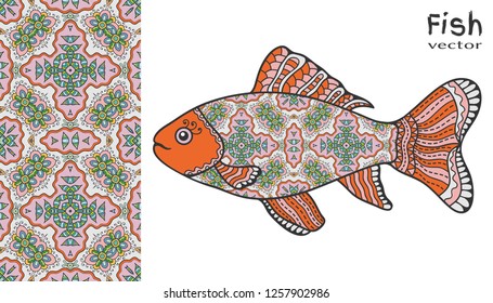 Hand drawn stylized sea fish and colorful doodle seamless pattern. Cartoon animal collection. Isolated elements for textile fabric, paper print, invitation or greeting card design. Ocean life.