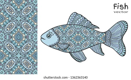 Hand drawn stylized sea fish and colorful doodle seamless pattern. Cartoon animal collection. Isolated elements for textile fabric, paper print, invitation or greeting card design. Ocean life.