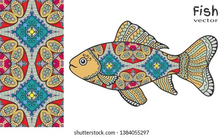 Hand drawn stylized sea fish and colorful doodle seamless pattern. Cartoon animal collection. Isolated elements for textile fabric, paper print, invitation or greeting card design. Ocean life.