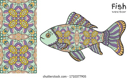 Hand drawn stylized sea fish and colorful doodle seamless pattern. Cartoon animal collection. Isolated elements for textile fabric, paper print, invitation or greeting card design. Ocean life.
