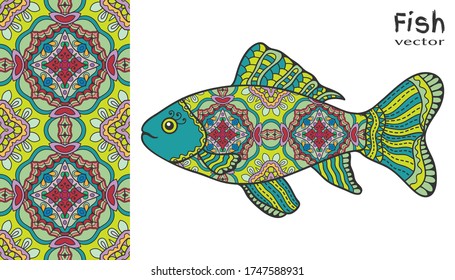 Hand drawn stylized sea fish and colorful doodle seamless pattern. Cartoon animal collection. Isolated elements for textile fabric, paper print, invitation or greeting card design. Ocean life.