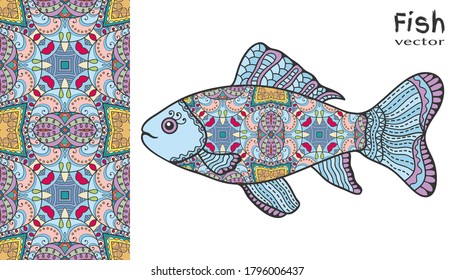 Hand drawn stylized sea fish and colorful doodle seamless pattern. Cartoon animal collection. Isolated elements for textile fabric, paper print, invitation or greeting card design. Ocean life.