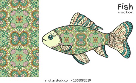 Hand drawn stylized sea fish and colorful doodle seamless pattern. Cartoon animal collection. Isolated elements for textile fabric, paper print, invitation or greeting card design. Ocean life.