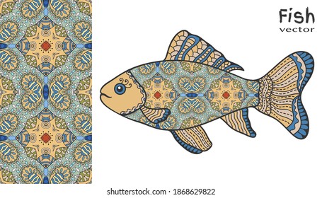 Hand drawn stylized sea fish and colorful doodle seamless pattern. Cartoon animal collection. Isolated elements for textile fabric, paper print, invitation or greeting card design. Ocean life.