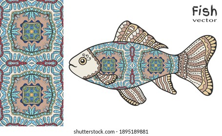 Hand drawn stylized sea fish and colorful doodle seamless pattern. Cartoon animal collection. Isolated elements for textile fabric, paper print, invitation or greeting card design. Ocean life.