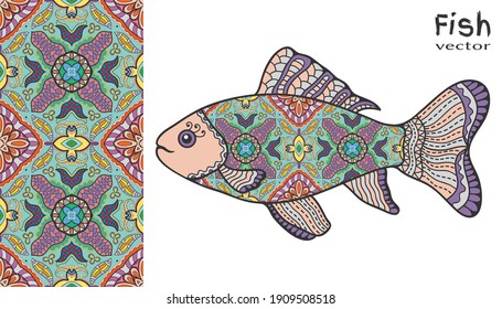 Hand drawn stylized sea fish and colorful doodle seamless pattern. Cartoon animal collection. Isolated elements for textile fabric, paper print, invitation or greeting card design. Ocean life.