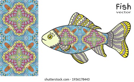 Hand drawn stylized sea fish and colorful doodle seamless pattern. Cartoon animal collection. Isolated elements for textile fabric, paper print, invitation or greeting card design. Ocean life.