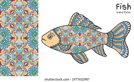 Hand drawn stylized sea fish and colorful doodle seamless pattern. Cartoon animal collection. Isolated elements for textile fabric, paper print, invitation or greeting card design. Ocean life.