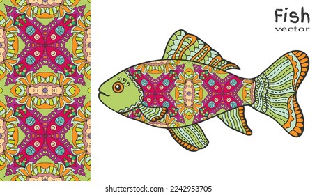 Hand drawn stylized sea fish and colorful doodle seamless pattern. Cartoon animal collection. Isolated elements for textile fabric, paper print, invitation or greeting card design. Ocean life.