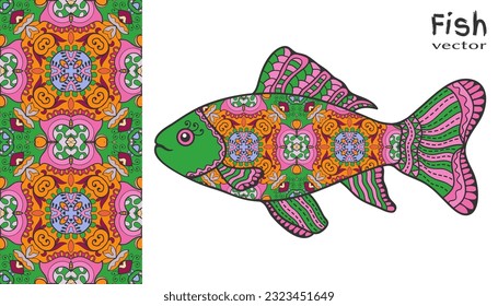 Hand drawn stylized sea fish and colorful doodle seamless pattern. Cartoon animal collection. Isolated elements for textile fabric, paper print, invitation or greeting card design. Ocean life.