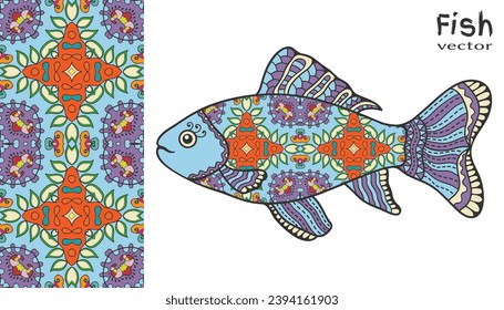 Hand drawn stylized sea fish and colorful doodle seamless pattern. Cartoon animal collection. Isolated elements for textile fabric, paper print, invitation or greeting card design. Ocean life.