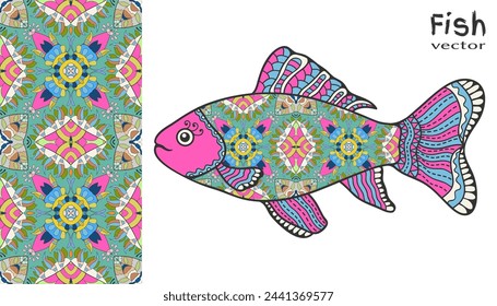 Hand drawn stylized sea fish and colorful doodle seamless pattern. Cartoon animal collection. Isolated elements for textile fabric, paper print, invitation or greeting card design. Ocean life.