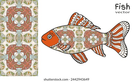 Hand drawn stylized sea fish and colorful doodle seamless pattern. Cartoon animal collection. Isolated elements for textile fabric, paper print, invitation or greeting card design. Ocean life.