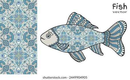 Hand drawn stylized sea fish and colorful doodle seamless pattern. Cartoon animal collection. Isolated elements for textile fabric, paper print, invitation or greeting card design. Ocean life.