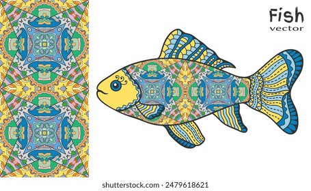 Hand drawn stylized sea fish and colorful doodle seamless pattern. Cartoon animal collection. Isolated elements for textile fabric, paper print, invitation or greeting card design. Ocean life.