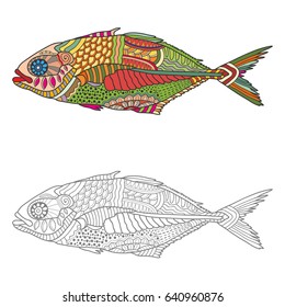 Hand drawn stylized sea fish, sketch drawing, zen-doodle style art. Catoon animal collection for coloring book page, fabric print, tattoo design. Isolated monochrome and colorful fish. Ocean life.