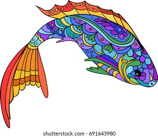 Hand drawn stylized sea fish, zen-doodle style art. Catoon animal for coloring book page. Isolated colorful fish.