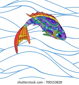 Hand drawn stylized sea fish, zen-doodle style seamless pattern
