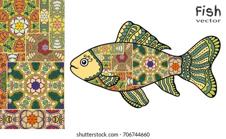 Hand drawn stylized sea fish and colorful quilt patchwork pattern. Cartoon animal collection. Isolated elements for textile fabric, paper print, invitation or greeting card design. Ocean life.