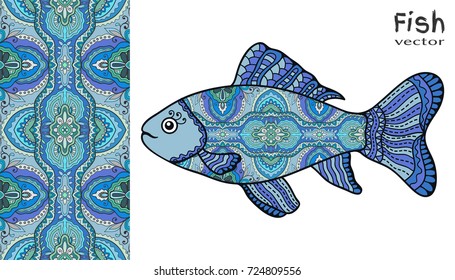 Hand drawn stylized sea fish and colorful doodle seamless pattern. Cartoon animal collection. Isolated elements for textile fabric, paper print, invitation or greeting card design. Ocean life.