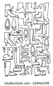 Hand drawn stylized shoes set black color. Flat outline vector style illustration. Fashion theme. (Can be used as texture for cards, invitations, DIY projects, web sites or for any other design.)