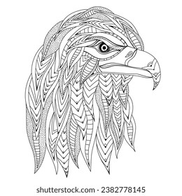 Hand drawn stylized silhouette of eagle head. Coloring book page antistress with predatory bird. Black and white outline logo, emblem, tattoo. Vector sketch illustration isolated on white background
