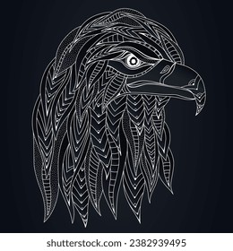 Hand drawn stylized silhouette of eagle head. Abstract ethnic image with predatory bird. Ornament blue and white outline logo, emblem, tattoo. Vector sketch illustration isolated on blue background