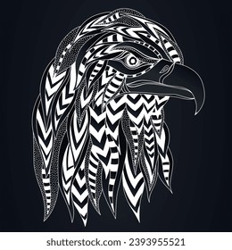Hand drawn stylized silhouette of eagle head. Abstract ethnic image with predatory bird. Ornament blue and white outline logo, emblem, tattoo. Vector sketch illustration isolated on blue background