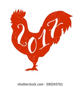 Hand drawn stylized silhouette red rooster isolated on white background. 2017 symbol. Vector illustration. Can be used as a logo, for website background, greeting cards, calendar, printing