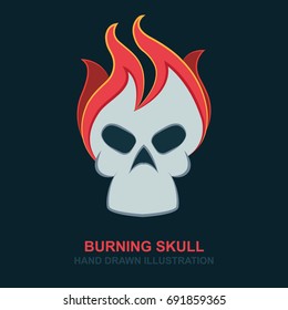 Hand drawn stylized skull with burning head. Vector illustration.