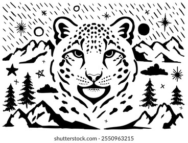 Hand drawn Stylized Snow leopard face surrounded by mountains, trees, stars, and clouds in black and white, on a plain white background, wildlife concept