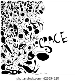 Hand drawn stylized space set black color. Flat vector style illustration. Lettering. Planets. (Can be used as texture for cards, invitations, DIY projects, web sites or for any other design.)