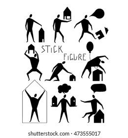 Hand drawn stylized stick figure with building black color. Flat people style vector illustration. (Can be used as texture for cards, invitations, DIY projects, web sites or for any other design.)