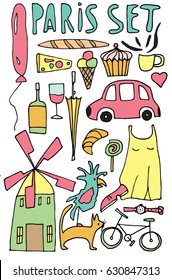 Hand drawn stylized summer Paris set bright color. Flat vector style illustration. France theme. (Can be used as texture for cards, invitations, DIY projects, web sites or for any other design.)