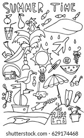 Hand drawn stylized summer time set black color. Flat vector style illustration. Holidays theme. (Can be used as texture for cards, invitations, DIY projects, web sites or for any other design.)