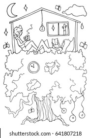 Hand drawn stylized tree house set. Flat vector style illustration. Children theme. Reading books. (Can be used as texture for cards, invitations, DIY projects, web sites or for any other design.)