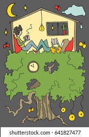 Hand drawn stylized tree house set. Flat vector style illustration. Children theme. Reading books. (Can be used as texture for cards, invitations, DIY projects, web sites or for any other design.)