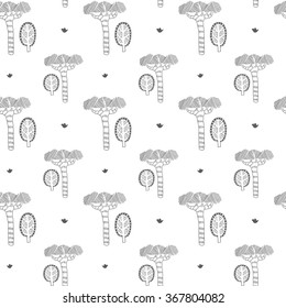Hand drawn stylized trees. The pattern of abstract trees. Beautiful, simple background for decoration, design and fabric on a white background