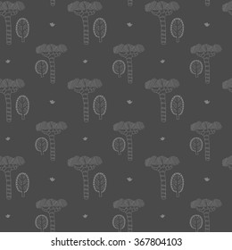 Hand drawn stylized trees. The pattern of abstract trees. Beautiful, simple background for decoration, design and fabric on a grey background