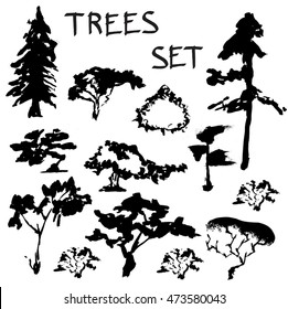 Hand drawn stylized trees set black color. Flat style vector illustration. (Can be used as texture for cards, invitations, DIY projects, web sites or for any other design.)
