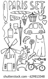 Hand drawn stylized unique icon set outline. Flat symbol vector. Lettering. Black and white. (Can be used as texture for cards, invitations, DIY, web sites or for any other design.)
