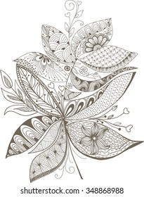 Hand  drawn, stylized, vector of feather on a white background.
