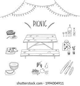 Hand drawn stylized vector illustration of picnic party essentials basket, picnic table, snacks, wine, beer, lemonade, fruits, cheese, pie, water melon and party garlands. Cartoon abstract doodle