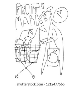 Hand drawn stylized vector people. Vector outline flat style. Man with shopping cart. Vector character.