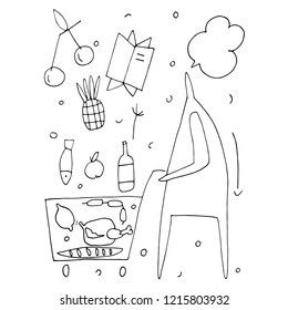 Hand drawn stylized vector people. Vector outline flat style. Man character with shopping cart. Vector character.