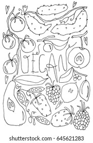 Hand drawn stylized vegetable and fruit set black color. Flat vector style illustration. Food theme. (Can be used as texture for cards, invitations, DIY projects, web sites or for any other design.)