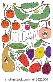 Hand drawn stylized vegetable and fruit set bright color. Flat vector style illustration. Food theme. (Can be used as texture for cards, invitations, DIY projects, web sites or for any other design.)