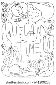 Hand drawn stylized vegetable set black color. Flat vector style illustration. Food theme. (Can be used as texture for cards, invitations, DIY projects, web sites or for any other design.)