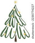 Hand drawn stylized watercolor Christmas tree with golden elements